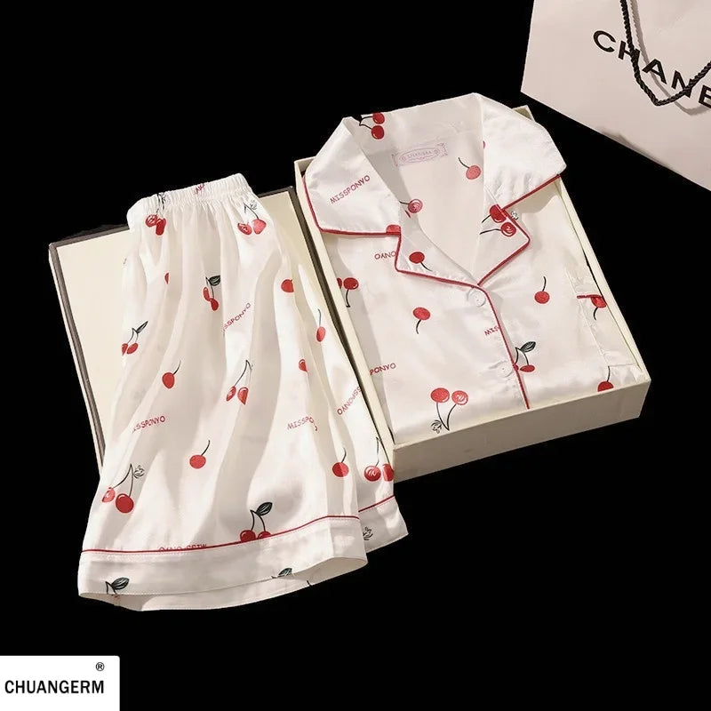 Cherry Print Silk Pajamas Set For Women Summer Short Sleeve Shirt And Shorts Two Pieces Sleepwear Homewear Nightwear