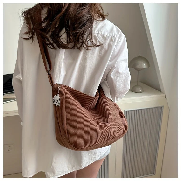 Women’s Corduroy Shoulder Bag, Casual Striped Large Capacity Tote with Zipper Closure, Cute Hat Patch, Perfect for Everyday Use