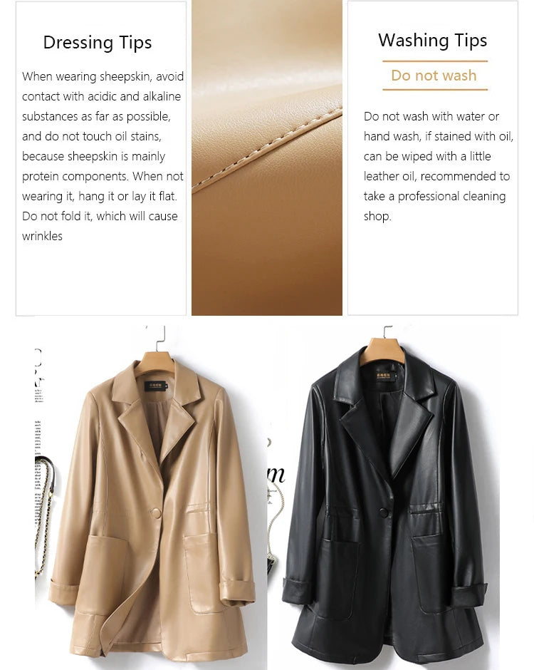 M-2XL Women Split Sheepskin Blazer Jacket Coats 2025 Spring Mid Length Chic Single Button Casual Ladies Split Leather Outwear