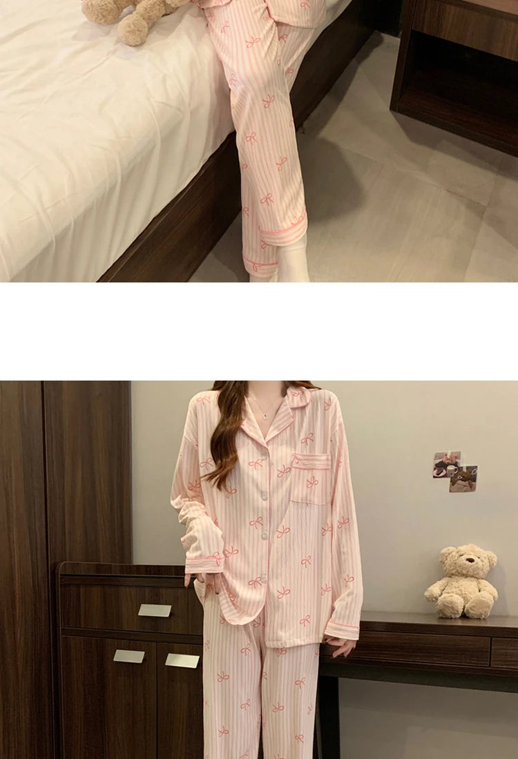 Pink Bow Tie Design Pajamas for Women Long Sleeve Top & Elastic Waist Pants Pajamas Set Harajuku Style Casual New Home Wear