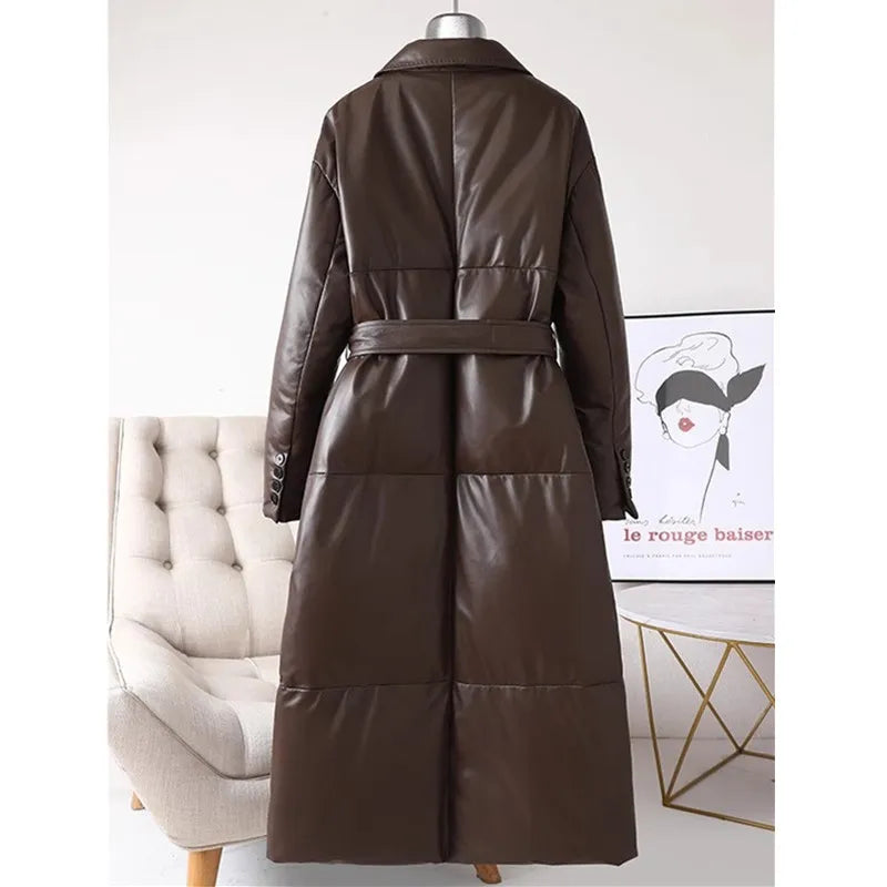 Women's Leather Down Jacket, Loose, Extra Length Design, Goose Down Coat, Suit Collar, Sheepskin Coat, Fashion