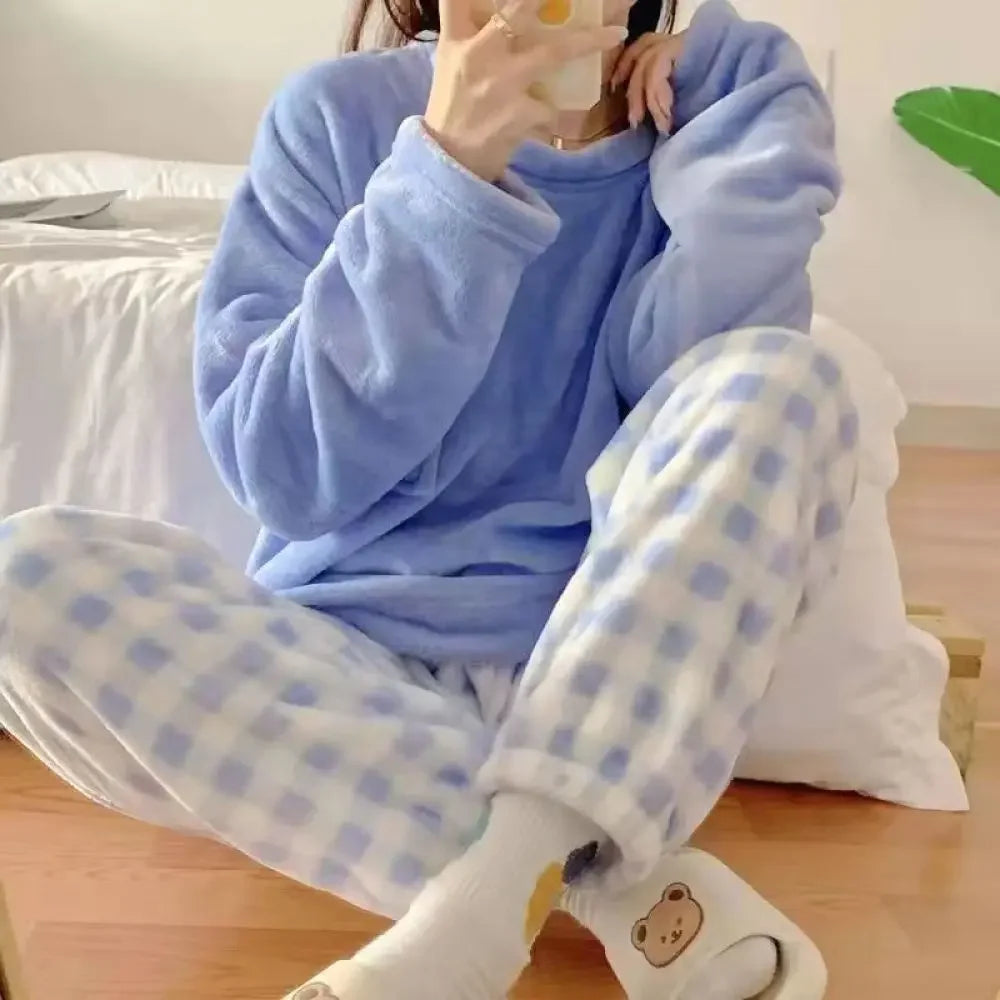 CHUANGERM Women's Casual Winter Fleece Pajamas Set, Thick Warm Soft Plaid Top And Pants Home Suit Pyjamas
