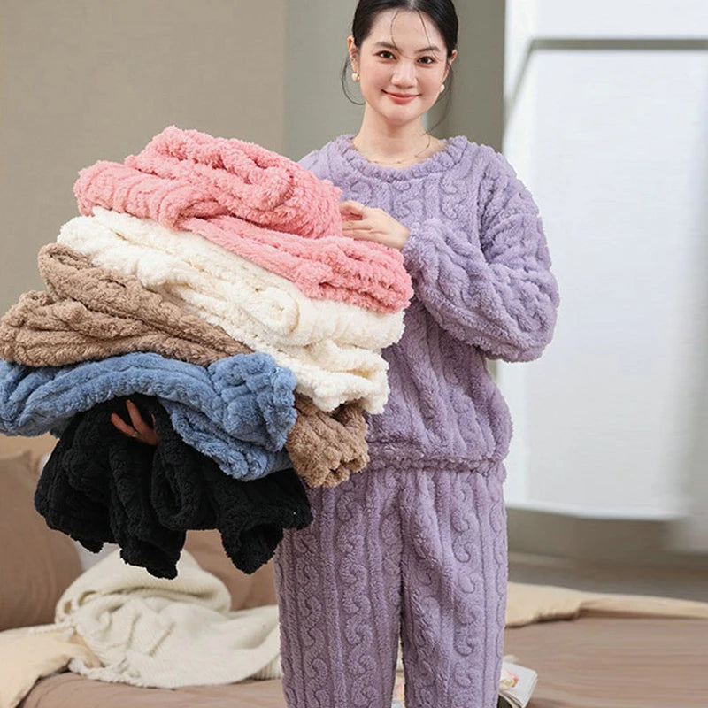 Women's Autumn and Winter Thermal Pajamas Sets Coral Velvet Jacquard Warm Loungewear Female Soft Comfortable Thickened Sleepwear