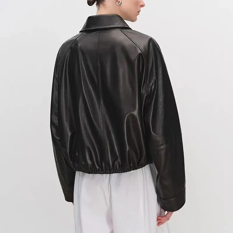 Real Leather Clothing for Women Lapel Drawstring Silhouette Short Coat Female Genuine Sheepskin Balloon Jacket Bomber Femme