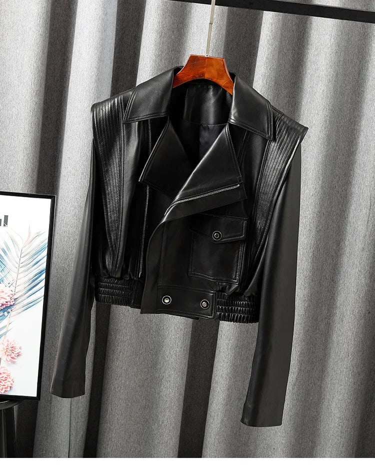 Jacket For Women 2025 New European Genuine Leather Coat Female Zipper Large Lapel Short Oversize Locotive Whtie Jaqueta Feminina