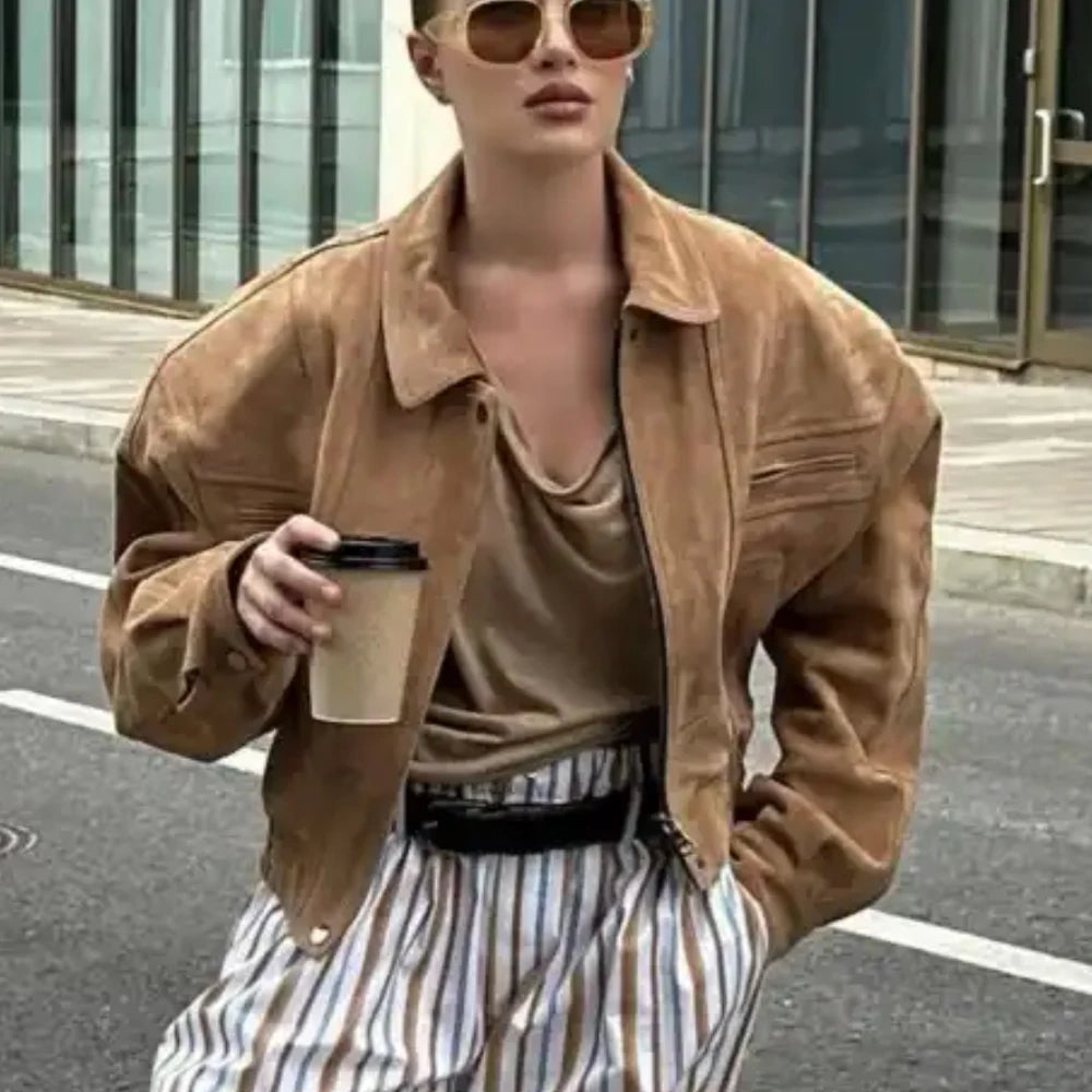 Women Suede Bomber Winter Genuine Sheep Leather Coat Broad Shoulder Ladies Real Sheep Suede Jackets