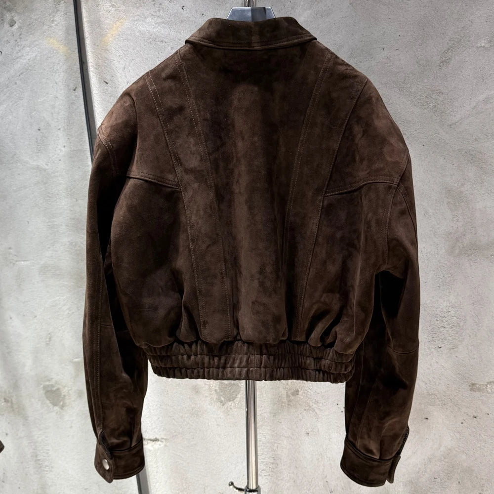 Women Suede Bomber Winter Genuine Sheep Leather Coat Broad Shoulder Ladies Real Sheep Suede Jackets