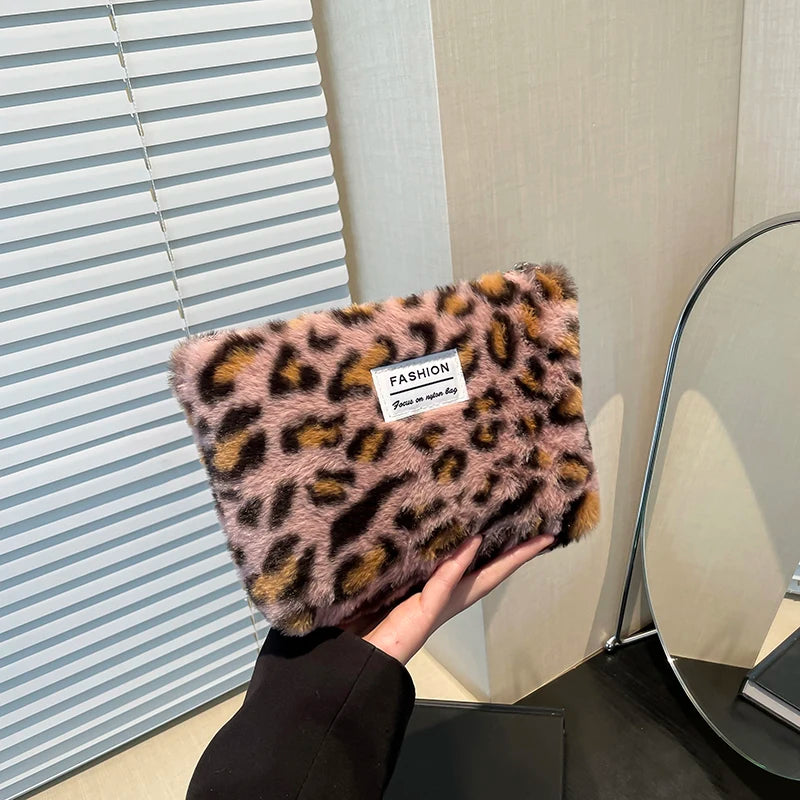 Leopard print plush Makeup Bag Large capacity portable travel toiletry bag Cosmetics Clutch Bag Premium storage bag