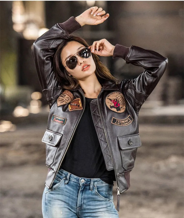 Dark Brown G1 Pilot Leather Jacket Women Military Style Plus Size 3XL Natural Cowhide Autumn Aviation Genuine Leather Coats