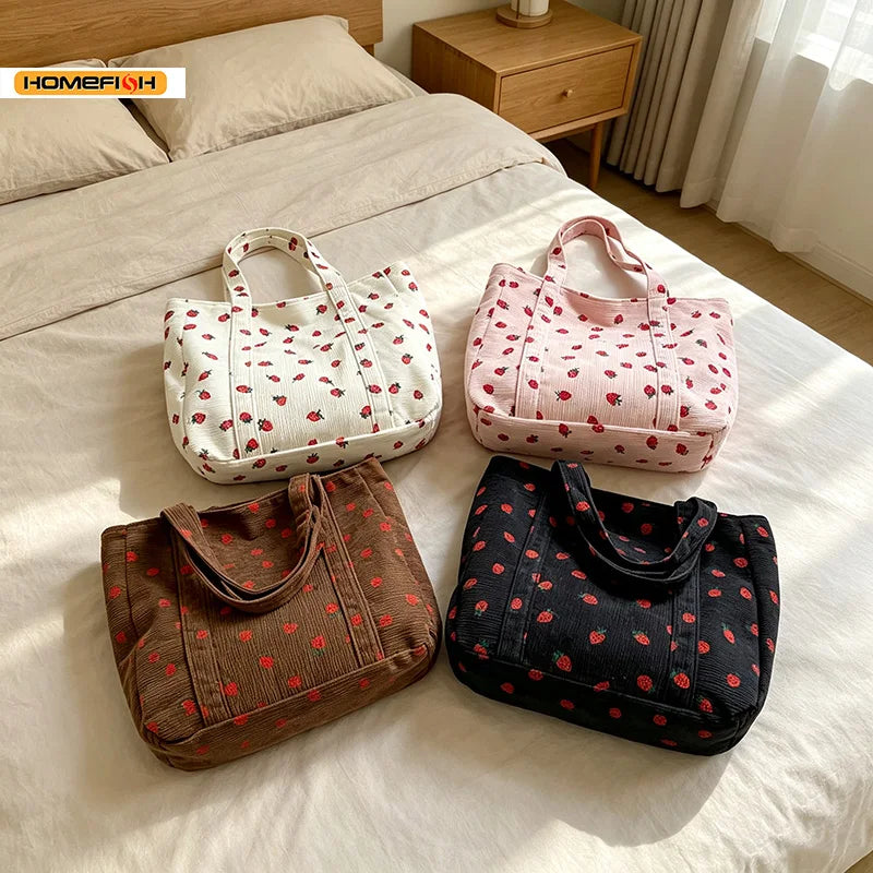 HOMEFISH Corduroy Strawberry Handbag Large Capacity Women Tote Bag Versatile Shoulder Commuter Beach Bag