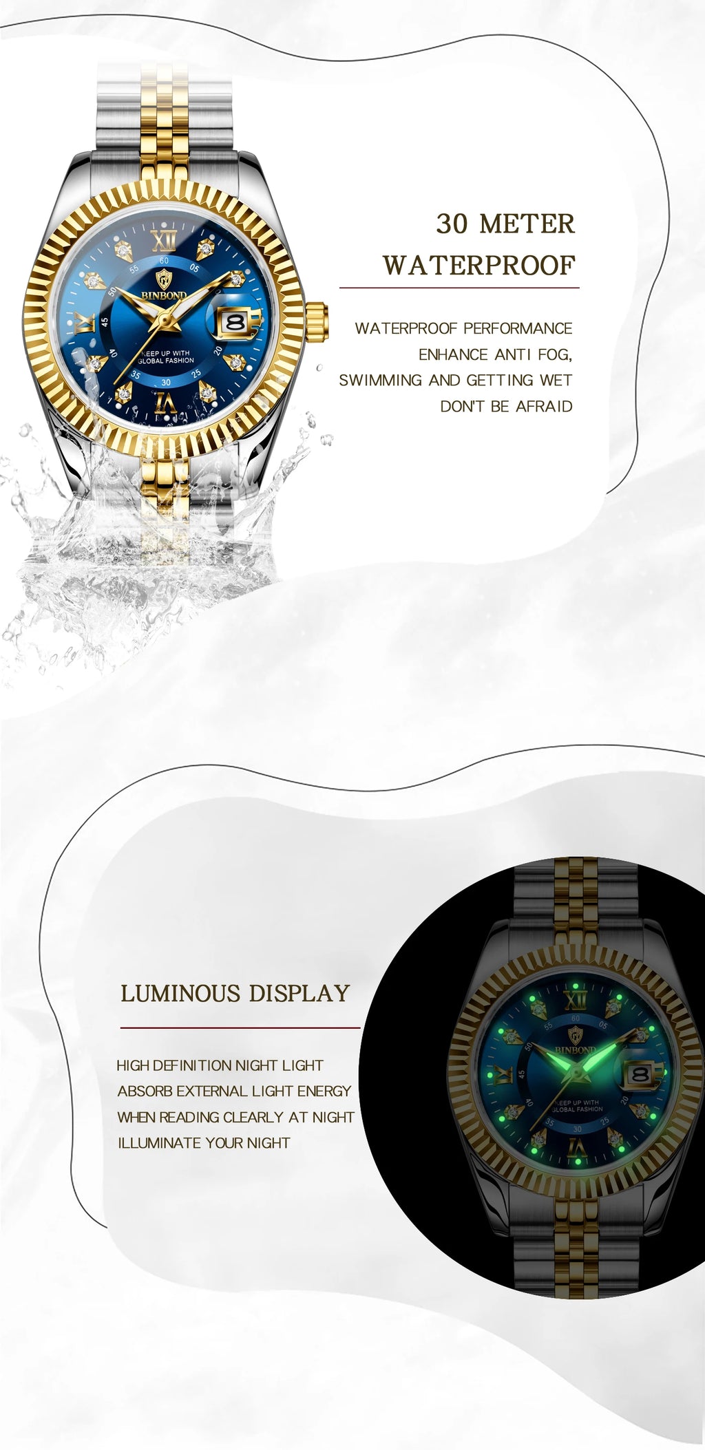 BINBOND Quartz Watches For Women Luminous Waterproof Stainless Steel Ladies Watch Montre Femme Luxe De Marque Reloj With Box