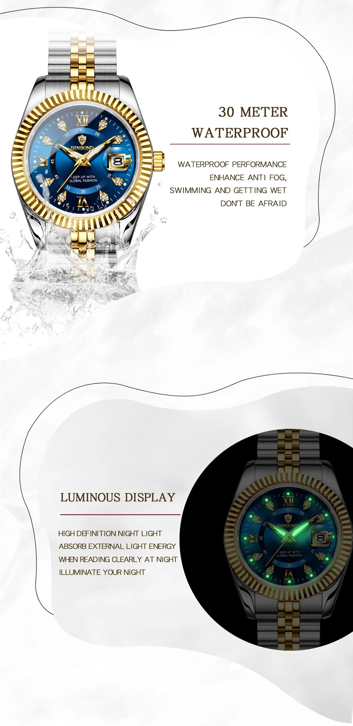 BINBOND Quartz Watches For Women Luminous Waterproof Stainless Steel Ladies Watch Montre Femme Luxe De Marque Reloj With Box