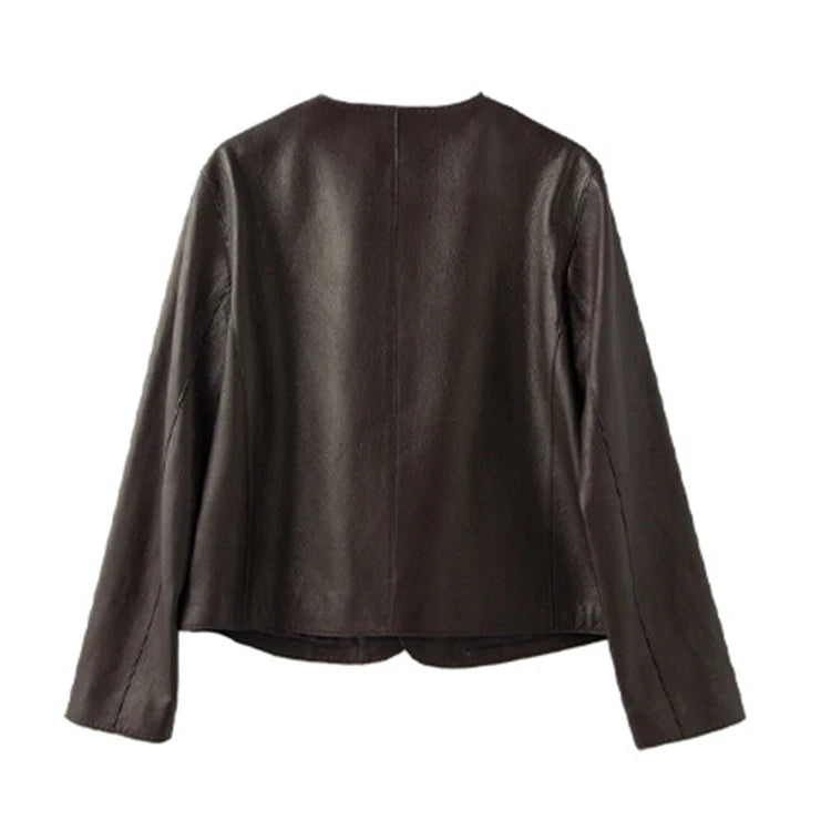 Women's Autumn Clothing European High Quality Sheepskin Casual O-Neck Single-Breasted Coffee Litchi Stria Genuine Leather Jacket