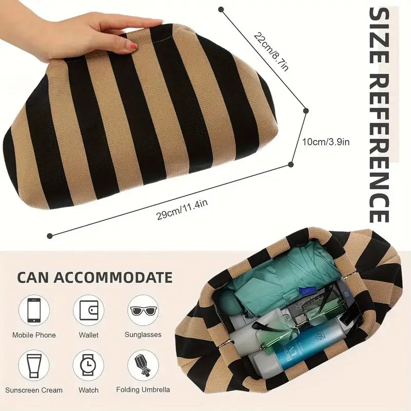 Woven Crochet Handbag Striped Colorblock Clutch Purse Ruched Bag Versatile Casual Beach Clutch Bag For Daily Commute Vacation