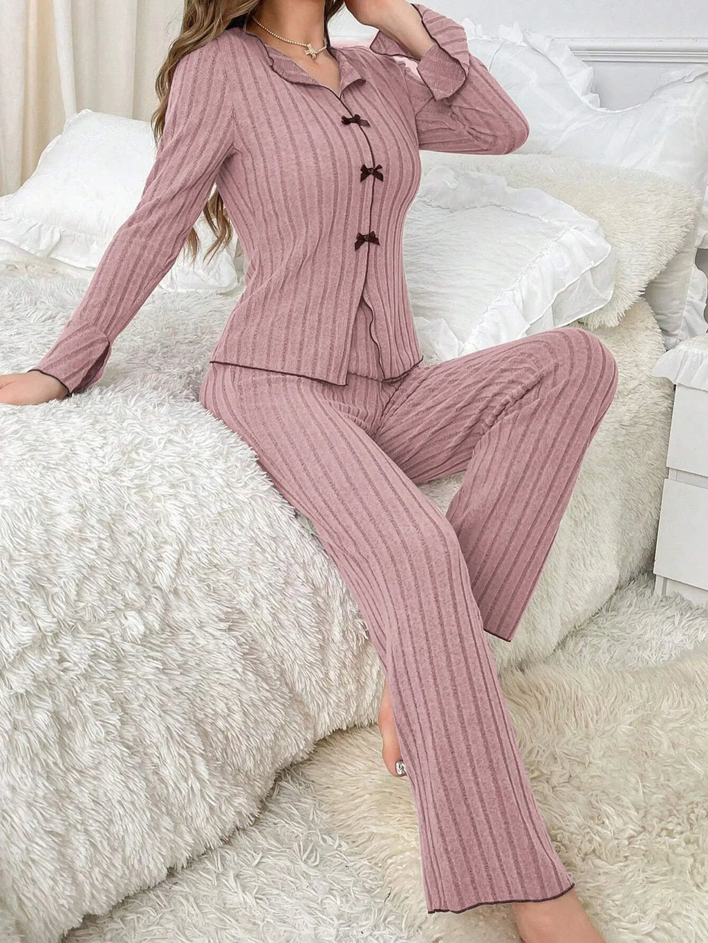 2-Piece Women's Autumn and Winter Pure Color Elegant Bow Women's Simple Long-Sleeved Pants Pajama Set Leisure home clothing