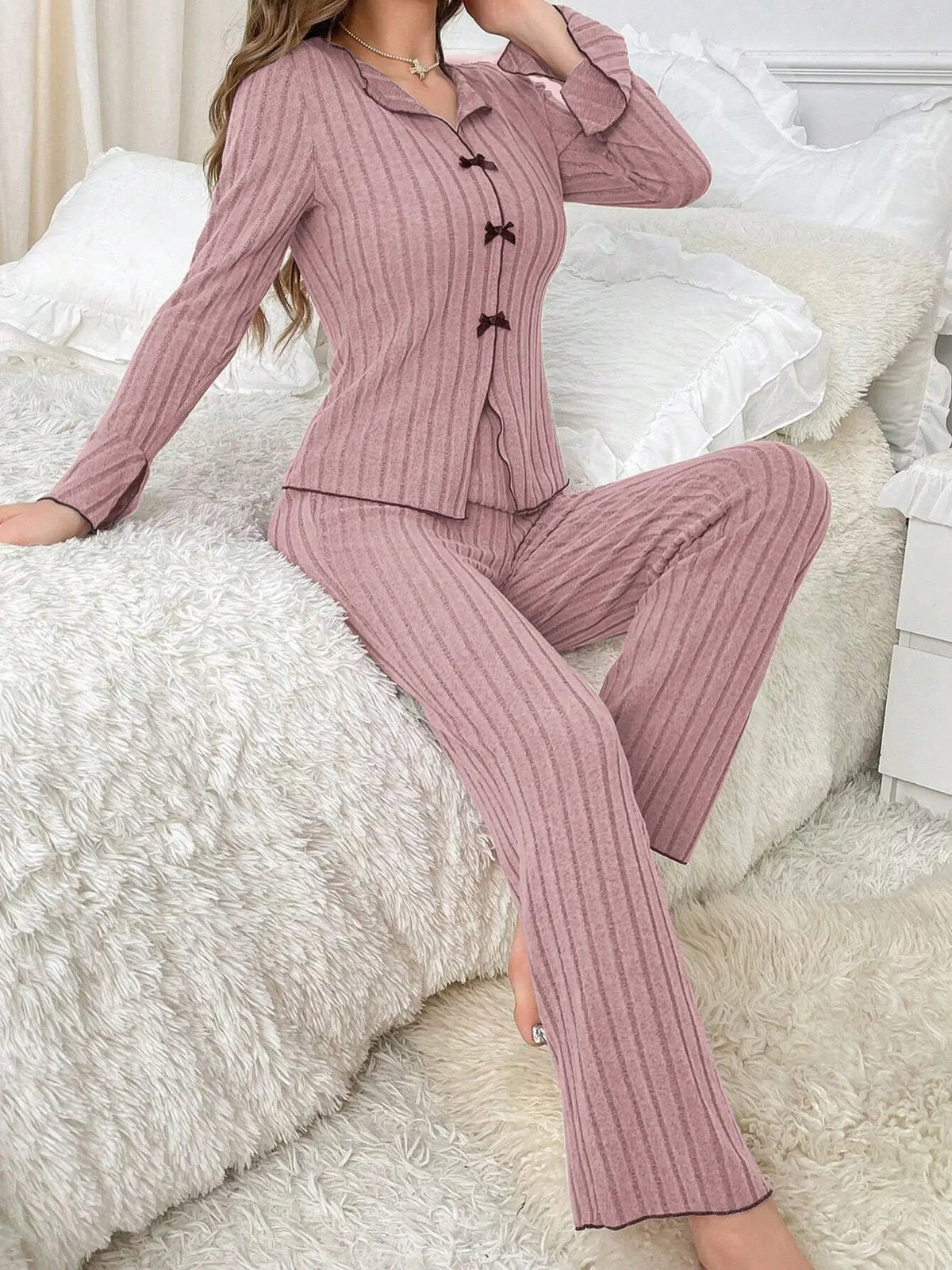 2-Piece Women's Autumn and Winter Pure Color Elegant Bow Women's Simple Long-Sleeved Pants Pajama Set Leisure home clothing