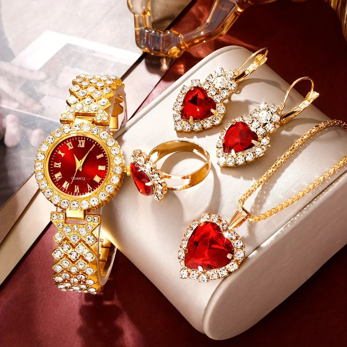 5-piece set of gemstone inlaid women's quartz watch accessories, new fashionable color diamond gemstone watch set