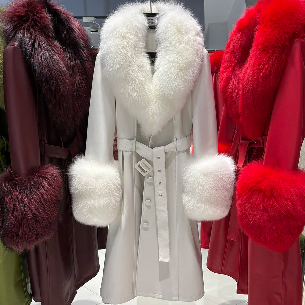 YOLOAgain Burgundy Real Fox Fur Collar Leather Trench Coat Women Genuine Leather Jacket Long Female