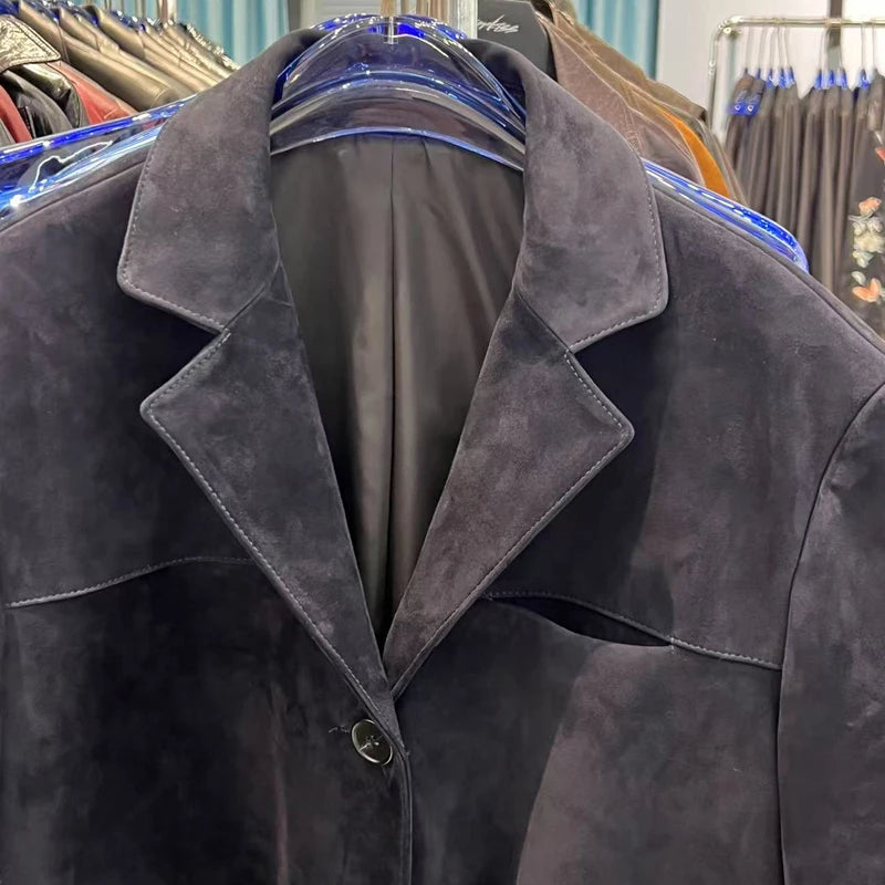 High Quality Suede Leather Suit Jacket Woman Kid Suede Flip Collar Wide Shoulder Split Vintage Ropa Mujer Dark Blue Blazer Coat