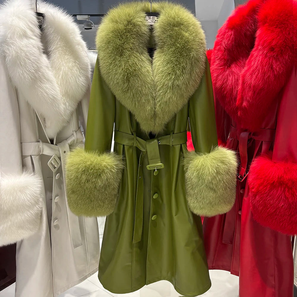 YOLOAgain Burgundy Real Fox Fur Collar Leather Trench Coat Women Genuine Leather Jacket Long Female