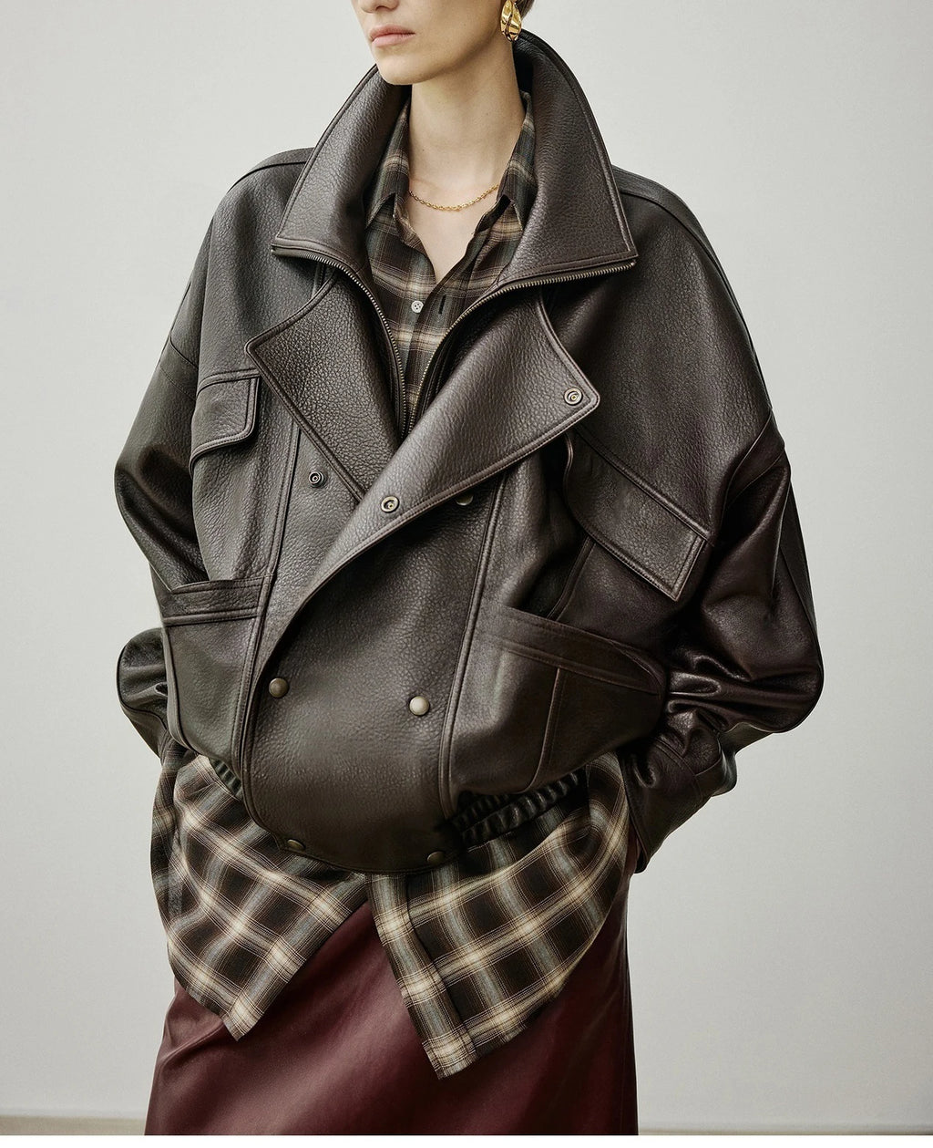 Brown Sheepskin Bubble Skin Coat Female Retro Double Layer Collar Double Breasted Zipper Loose Leather Jacket Winter Outerwear