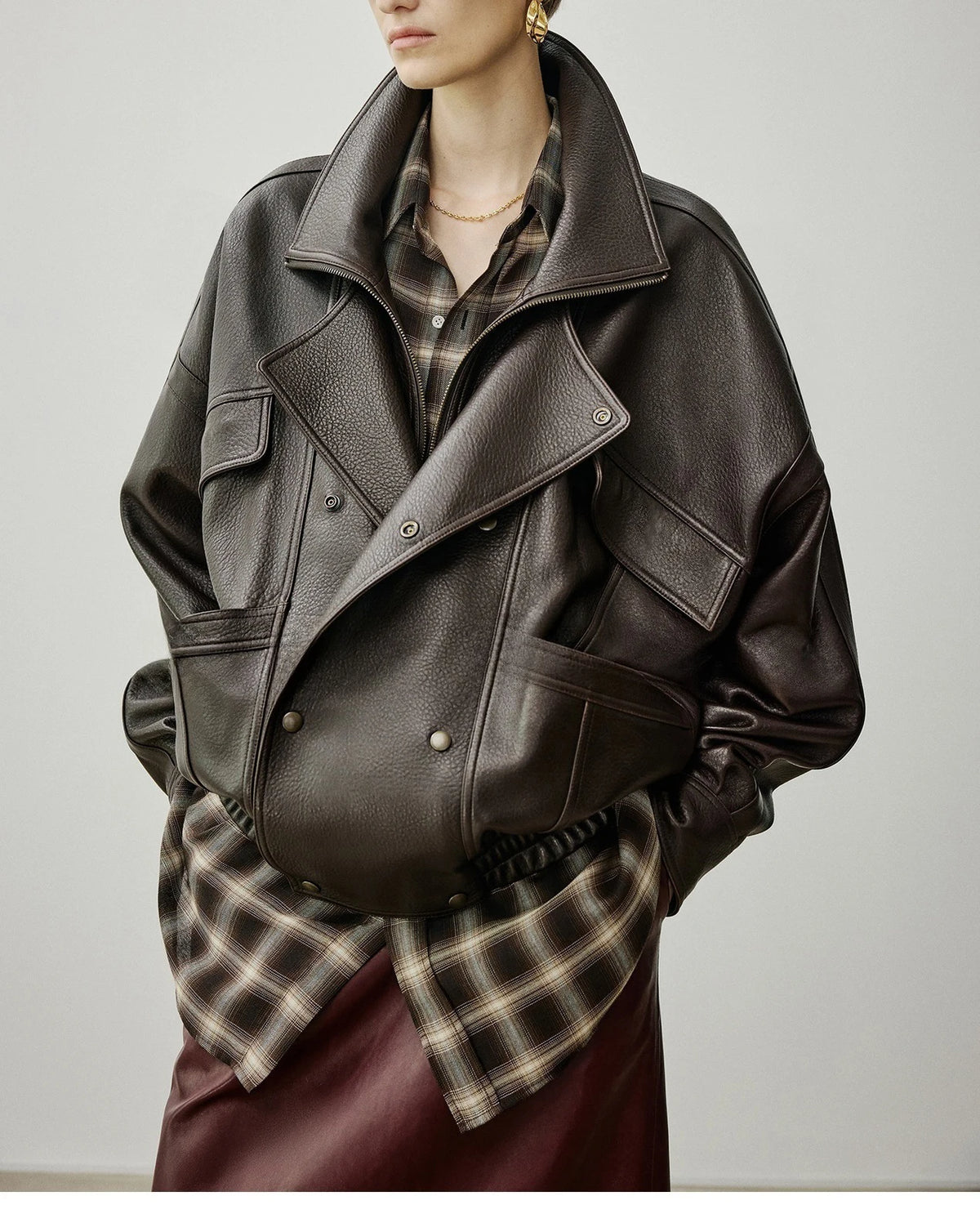 Brown Sheepskin Bubble Skin Coat Female Retro Double Layer Collar Double Breasted Zipper Loose Leather Jacket Winter Outerwear