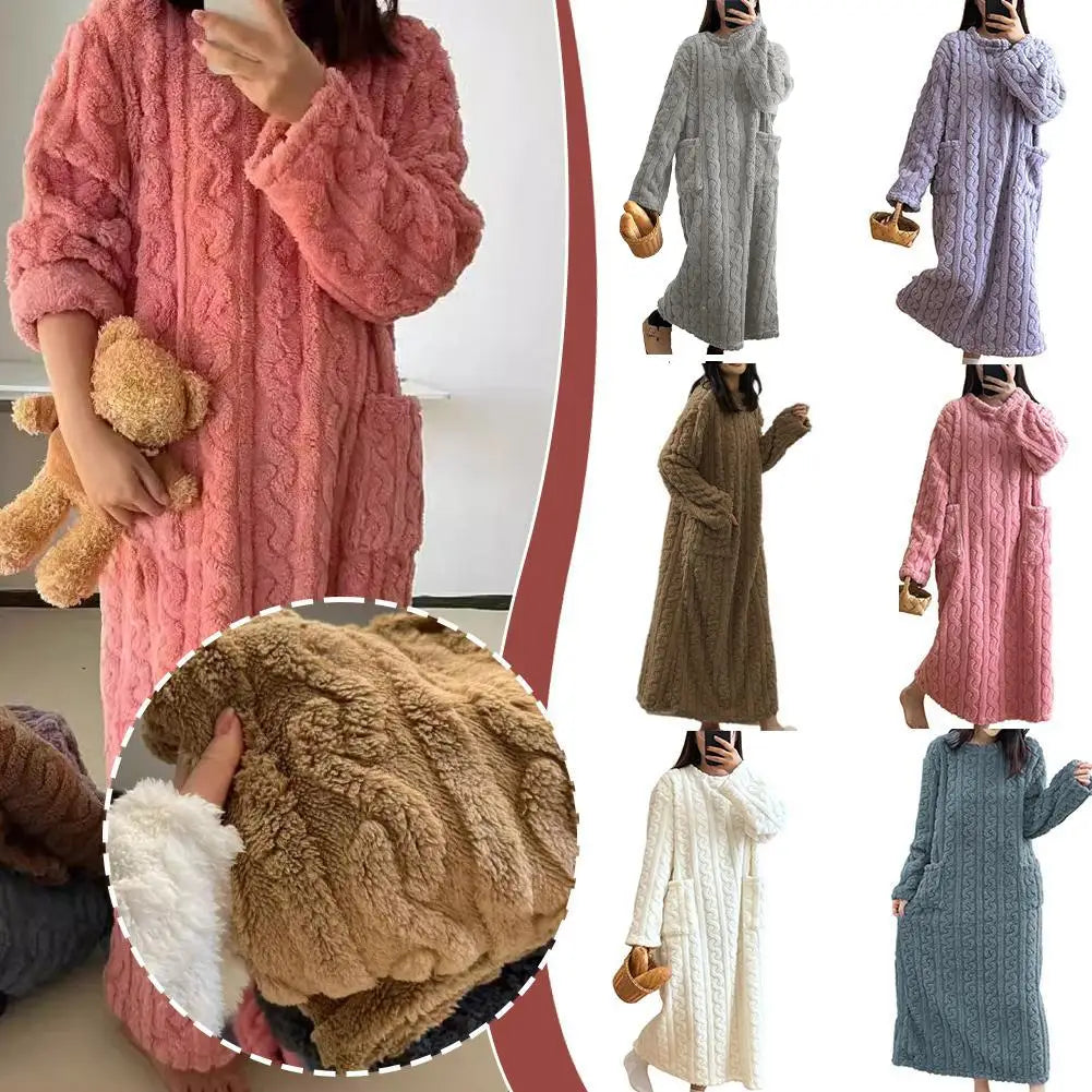 Coral Velvet Women's Nightgown Autumn And Winter Long Sleeve Double Pocket Flannel Nightgowns Women Loose Solid Sleepwear