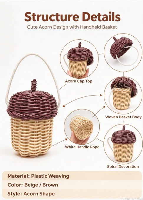 HTMCK New Acorn-shaped Storage Basket Hand-woven Round Rattan Bag Bucket Tropical Beach Style Woven Shoulder Bag Photo Props