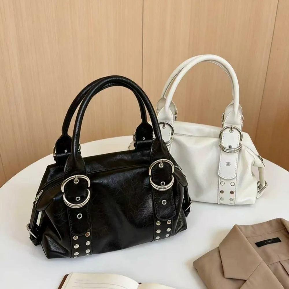 New PU Leather Women Shoulder Bag Large Capacity Y2K Motorcycle Bag High Quality Fashion Rivet Handbag Daily Use