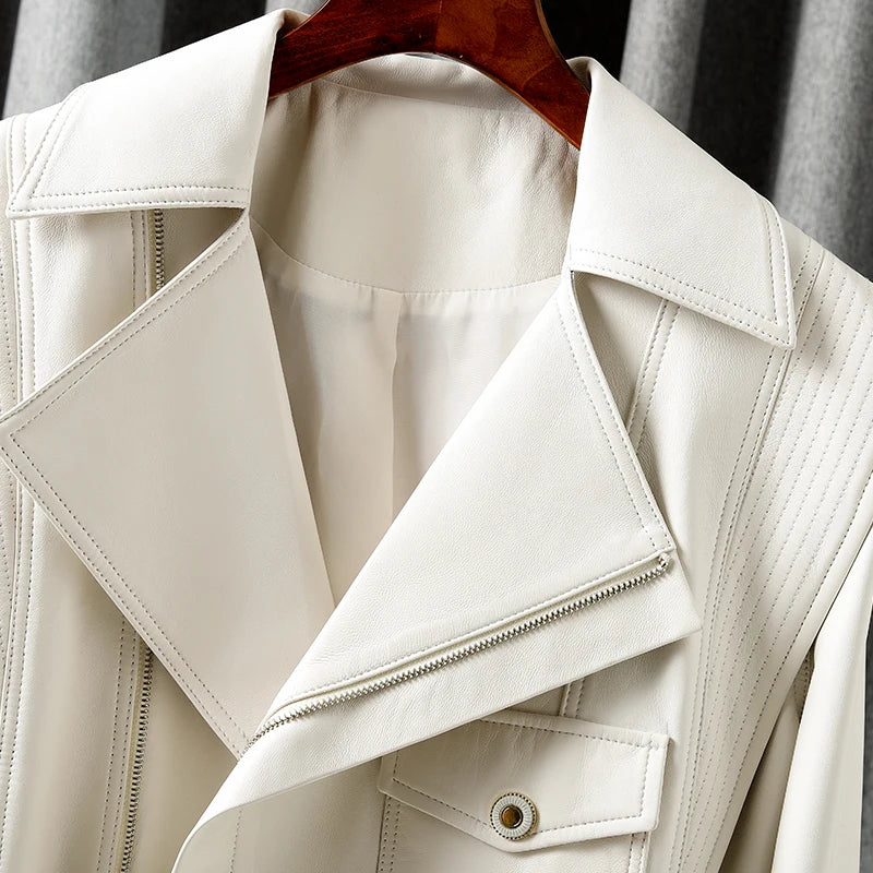 Jacket For Women 2025 New European Genuine Leather Coat Female Zipper Large Lapel Short Oversize Locotive Whtie Jaqueta Feminina