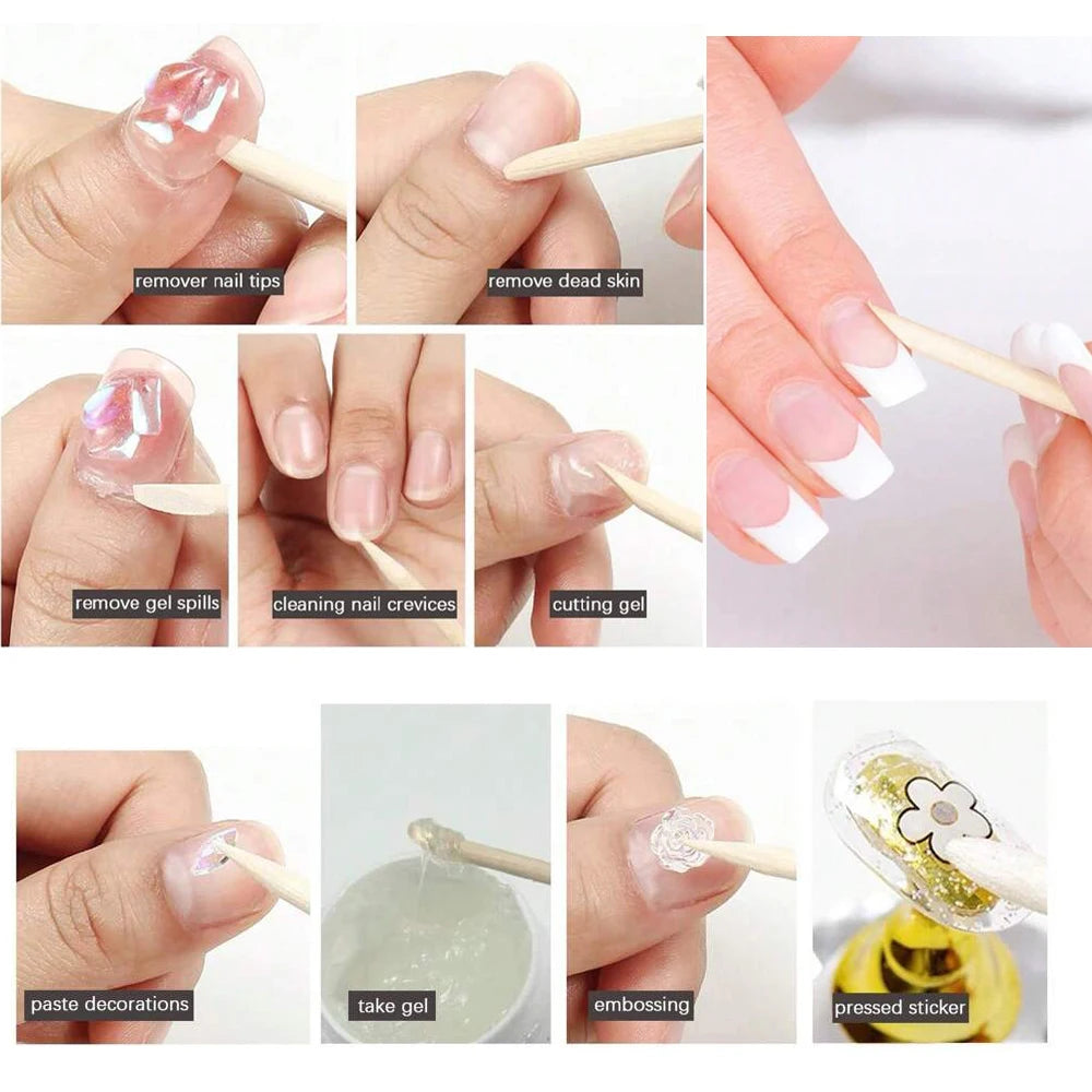 100PCS Cuticle Pusher Remover Nail Art Tools Beechwood Stick Sticks Rhinestones Picker Bead Pusher Manicure Pedicure Care