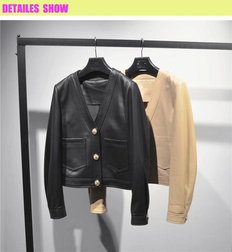 Genuine Sheepskin Casacas Para Mujer Women Casual V-neck Short Khaki/White/Black Leather Jacket Feminino Slim Tops Trendy Pocket