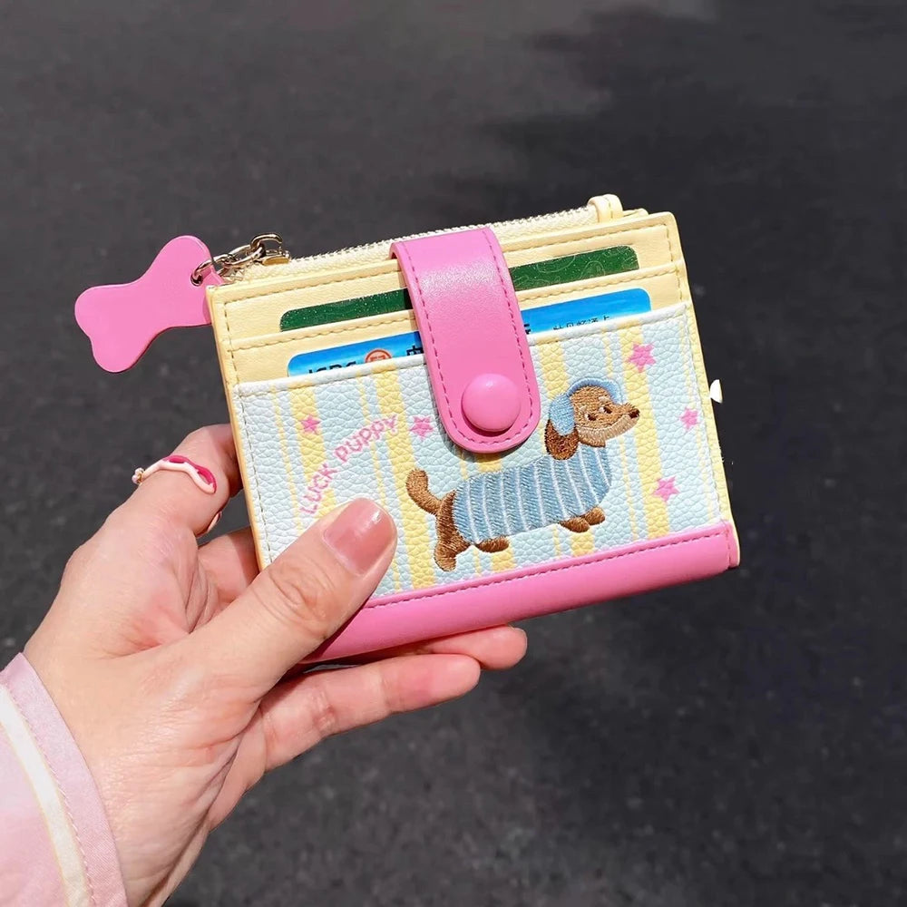 Women Cute Cartoon Embroidery Sausage Dog Wallet Zipper Coin Purse Double Fold Card Holder Wallet Ultra Thin Leather Money Clip