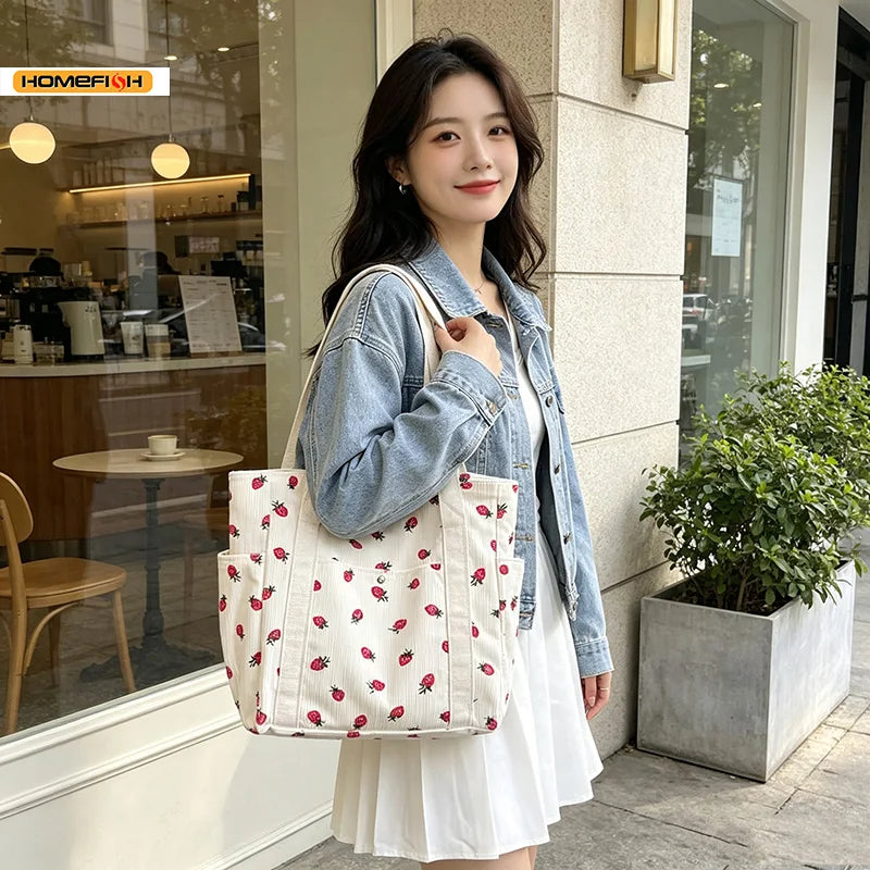 HOMEFISH Corduroy Strawberry Handbag Large Capacity Women Tote Bag Versatile Shoulder Commuter Beach Bag