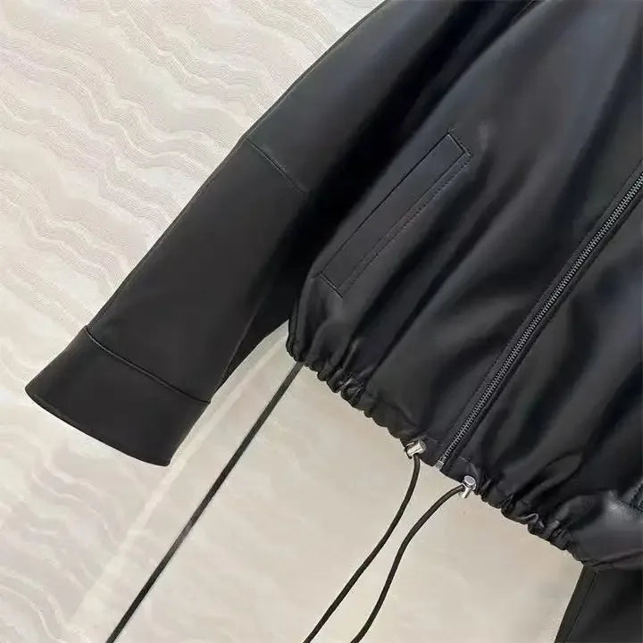 Real Leather Clothing for Women Lapel Drawstring Silhouette Short Coat Female Genuine Sheepskin Balloon Jacket Bomber Femme