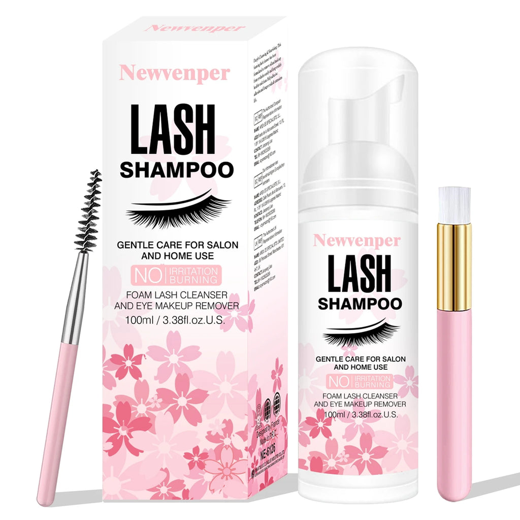 Lash Shampoo for Eyelash 100ML + Brush & Mascara Wand Eyelid Foaming Cleansing, Extension Cleanser Remover,Makeup Remover
