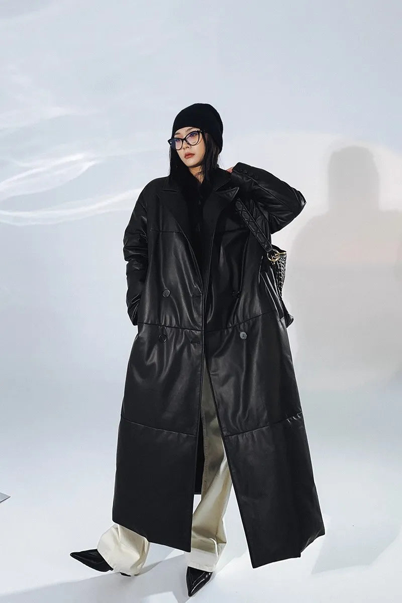 Women's Leather Down Jacket, Loose, Extra Length Design, Goose Down Coat, Suit Collar, Sheepskin Coat, Fashion