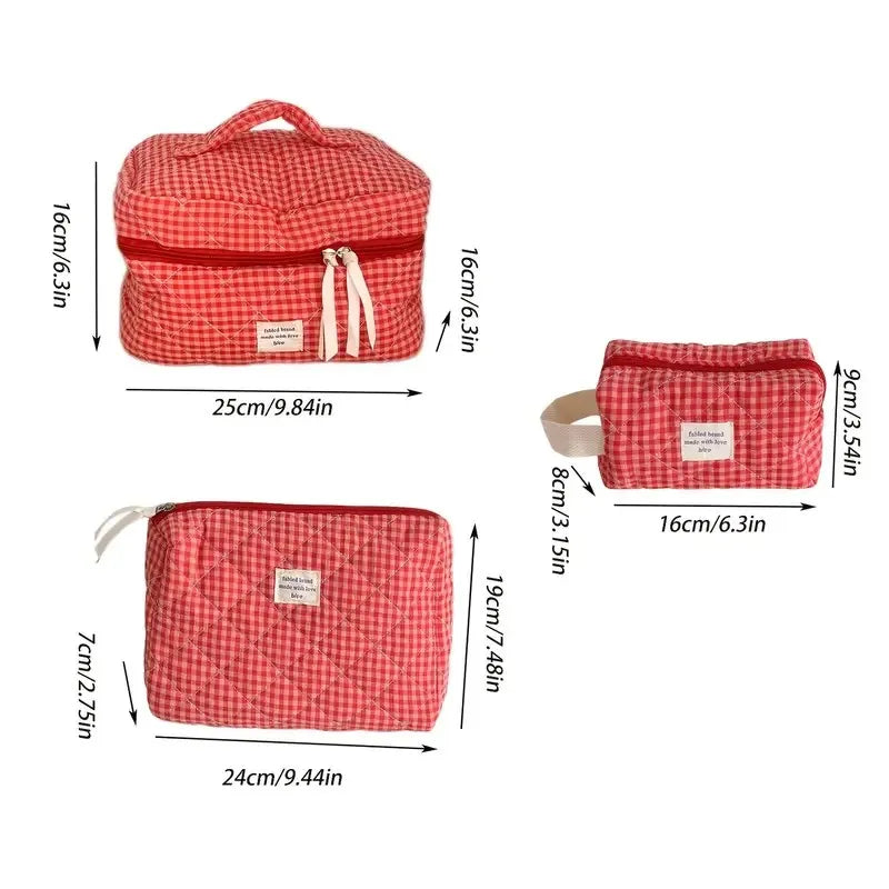 Women Large Capacity Checkered Cosmetic Bag Girls Cotton  Skincare Brushes Storage Bag Portable Travel Toiletry Bag Makeup Bag