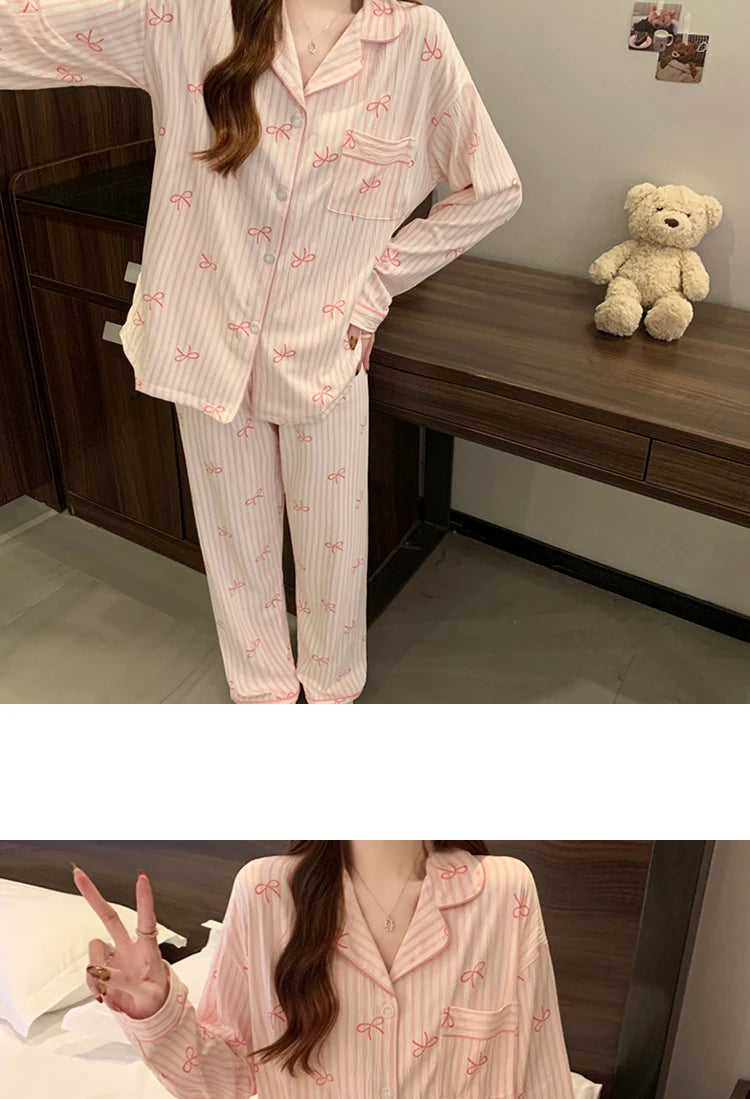 Pink Bow Tie Design Pajamas for Women Long Sleeve Top & Elastic Waist Pants Pajamas Set Harajuku Style Casual New Home Wear