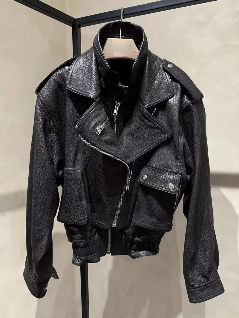 Punk Women Vintage Genuine Leather Jacket Lapel Streetwear Motorcycle Short Coat Loose Fit High Quality Real Sheepskin Outerwear