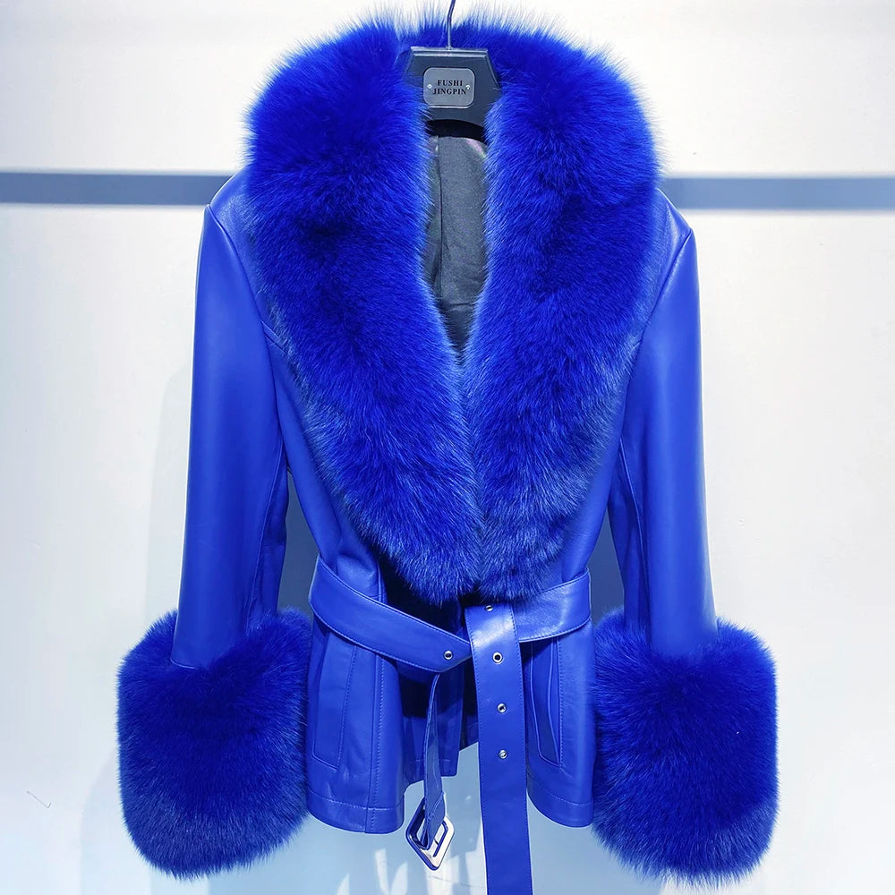 YOLOAgain Women's Real Fox Fur Collar Sheepskin Leather Jacket Coat Autumn 2025