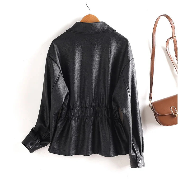 New Women Split Leather Jacket Spring Autumn Fashion Turn-down Collar Stretch Adjustable Waist Short Coat Casual Leather Jacket