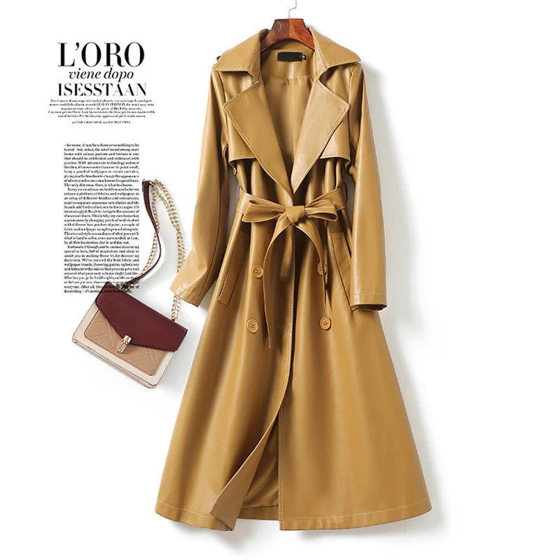 Vintage Wine Red Women's Split Sheep Leather Trench Coats Fashion Double-breasted Lace-up Belt Ladies Mid Long Sheepskin Outwear