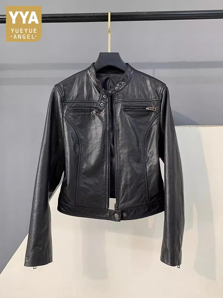 Autumn Fashion Genuine Leather Women Short Jacket Stand Collar Zipper Coat Top Work Lady Slim Fit Jackets Casual Black Outerwear