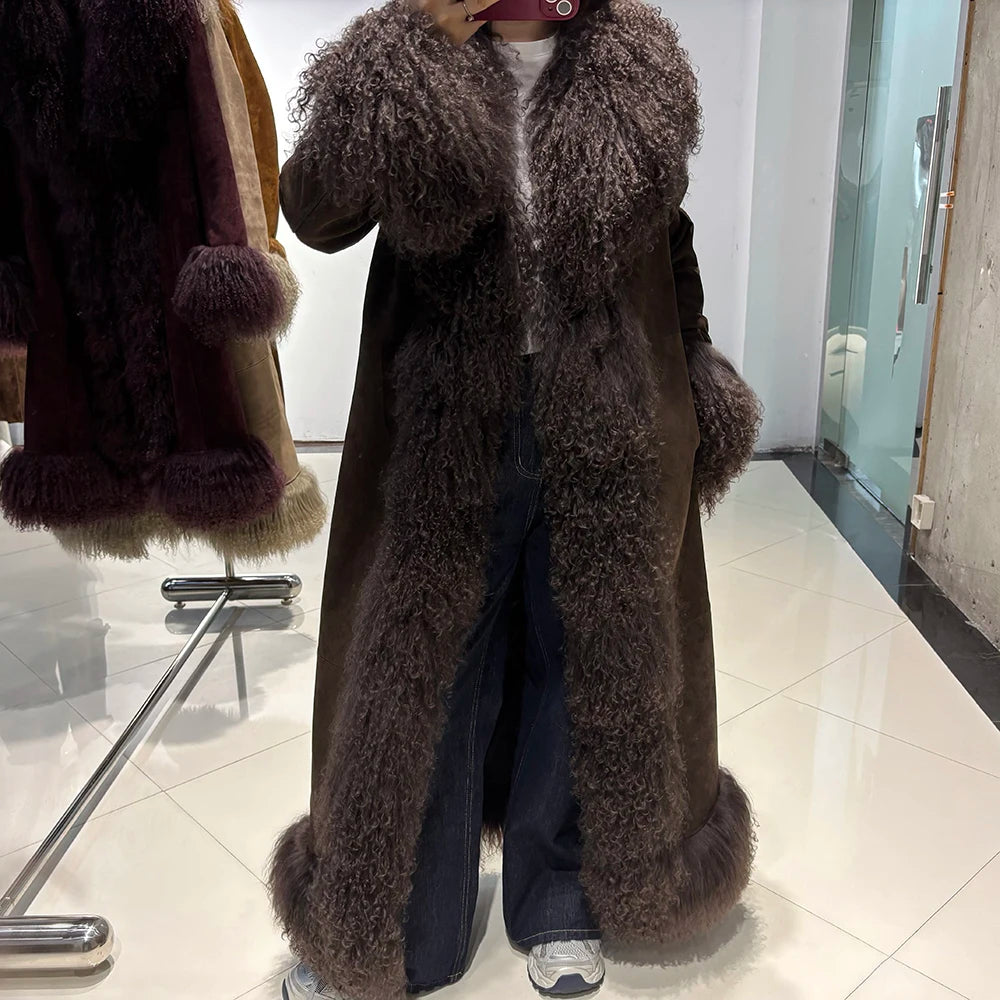 YOLOAgain Real Mongolia Sheep Fur Jacket Long Dark Brown Suede Coat Women