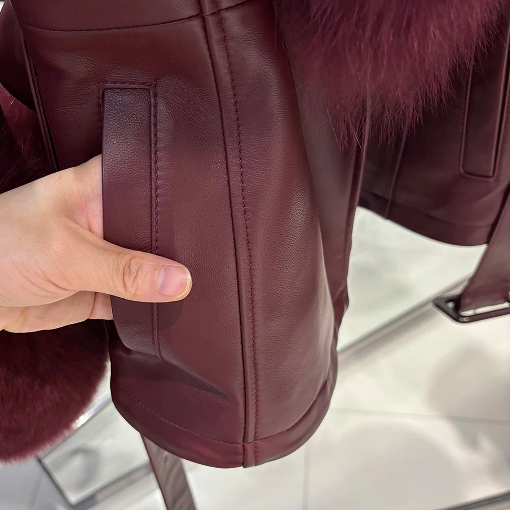YOLOAgain Women's Real Fox Fur Collar Sheepskin Leather Jacket Coat Autumn 2025