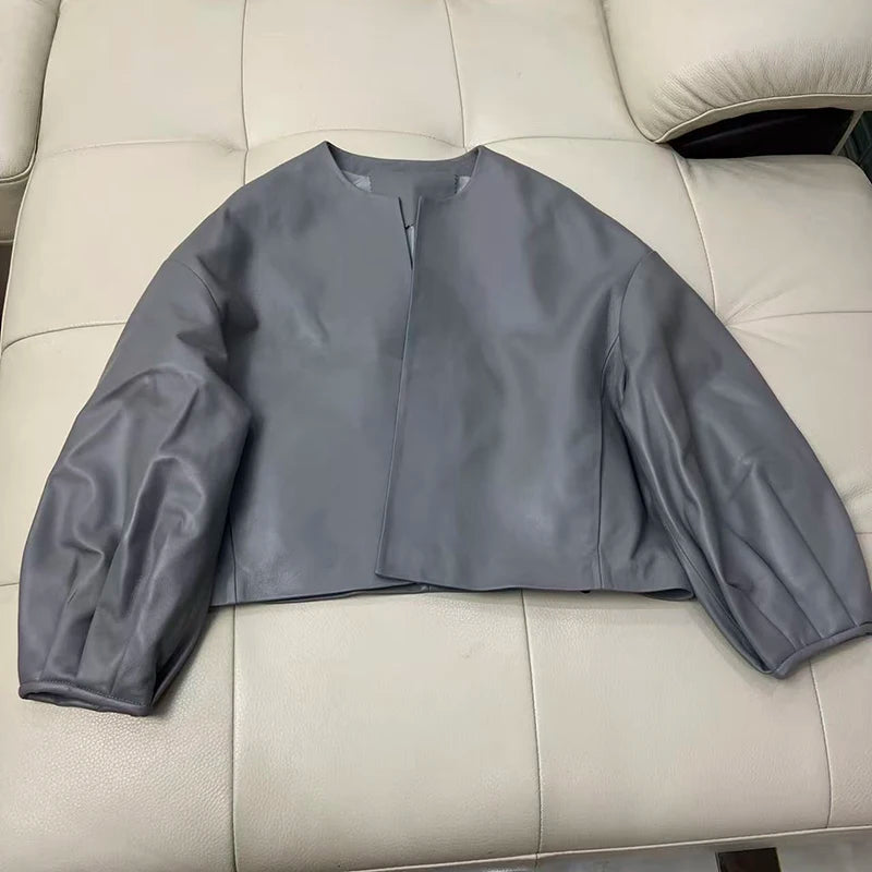 Autumn Puff Sleeve Genuine Leather Jacket Women 100% Sheepskin Collarless Cardigan Casacas Loose Small Short Blouson Cuir Femme