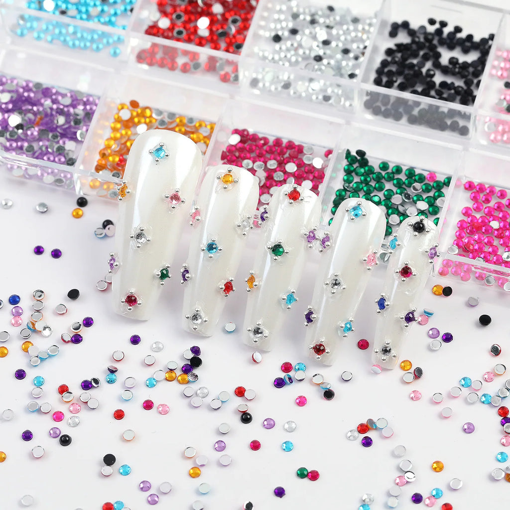 12 Cell Sparkling Crystal Nail Art Beads - Flat Base Stones for Multi‑scene Embellishment - Decorates Nails Shoes Makeup Pouches