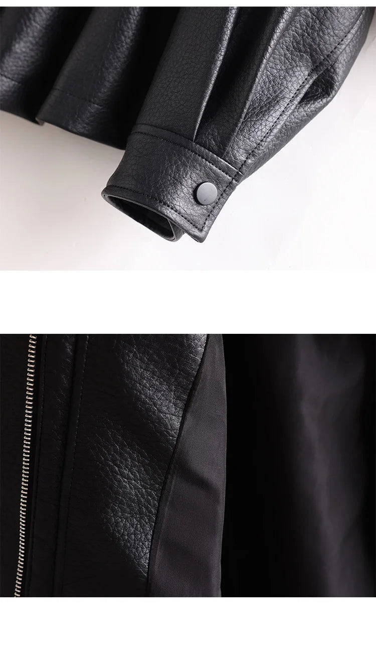 New Women Split Leather Jacket Spring Autumn Fashion Turn-down Collar Stretch Adjustable Waist Short Coat Casual Leather Jacket