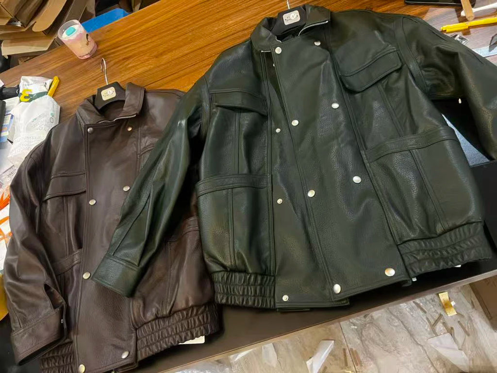 Brown Sheepskin Bubble Skin Coat Female Retro Double Layer Collar Double Breasted Zipper Loose Leather Jacket Winter Outerwear